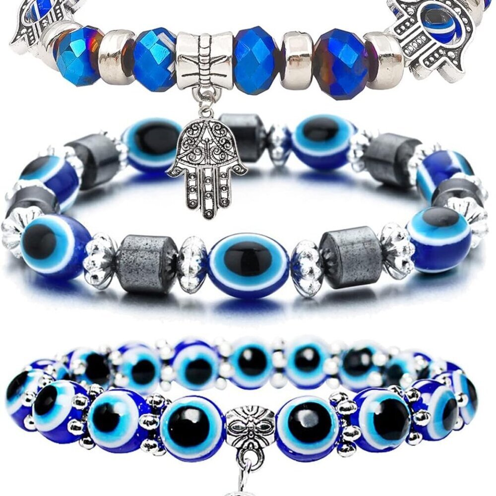 3pcs Evil Eye Bracelet Chakra Crystal Bracelets Set,Evil Eye Hamsa Blue Beaded C